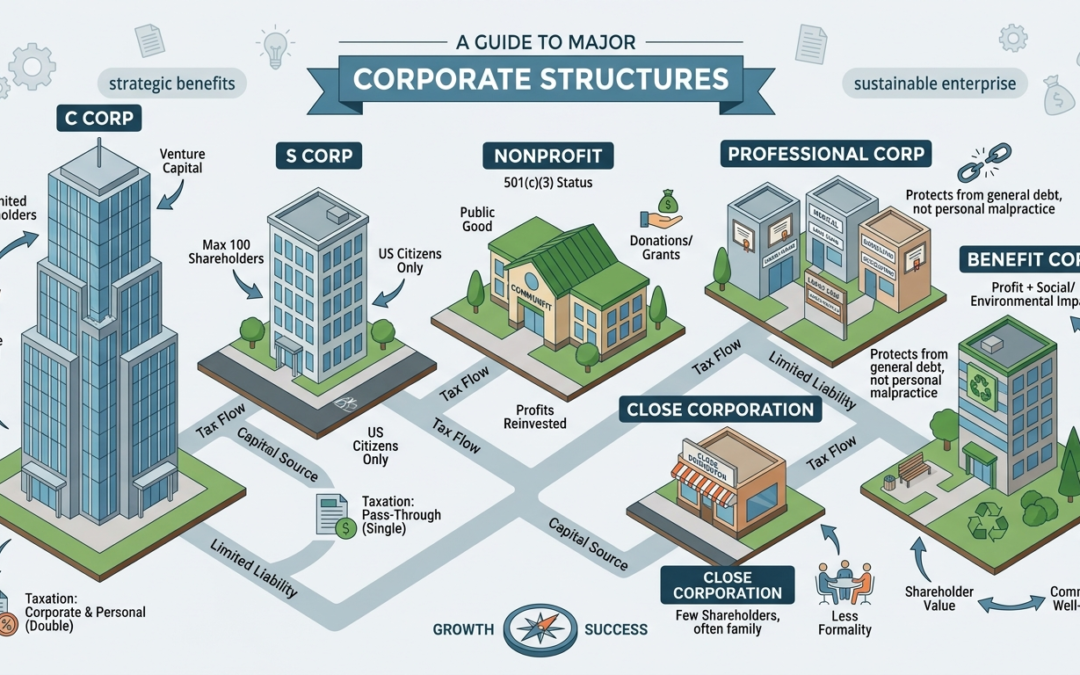 Explore the strategic benefits of C Corps, S Corps, and Benefit Corporations. Learn how to protect your personal assets and choose the right foundation for a sustainable enterprise.